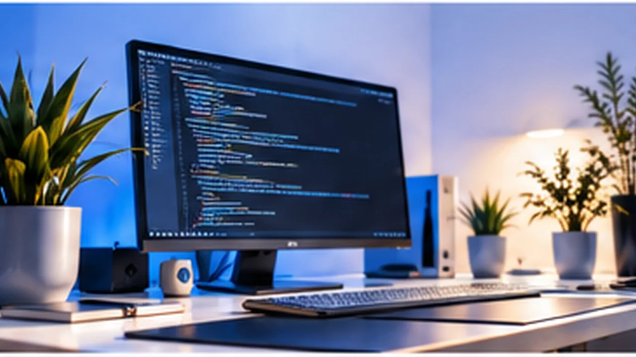 Postazione di sviluppo web con codice, monitor e strumenti digitali in un ambiente professionale moderno
